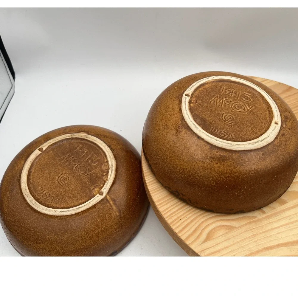 Vintage McCoy Pottery 1413 Brown Speckled Drip Rim Bowls Set 2 USA Canyon Mesa